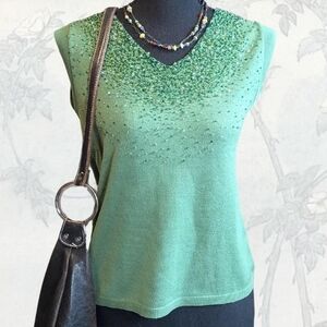 Green Sleeveless Sweater Top with Beaded Detail